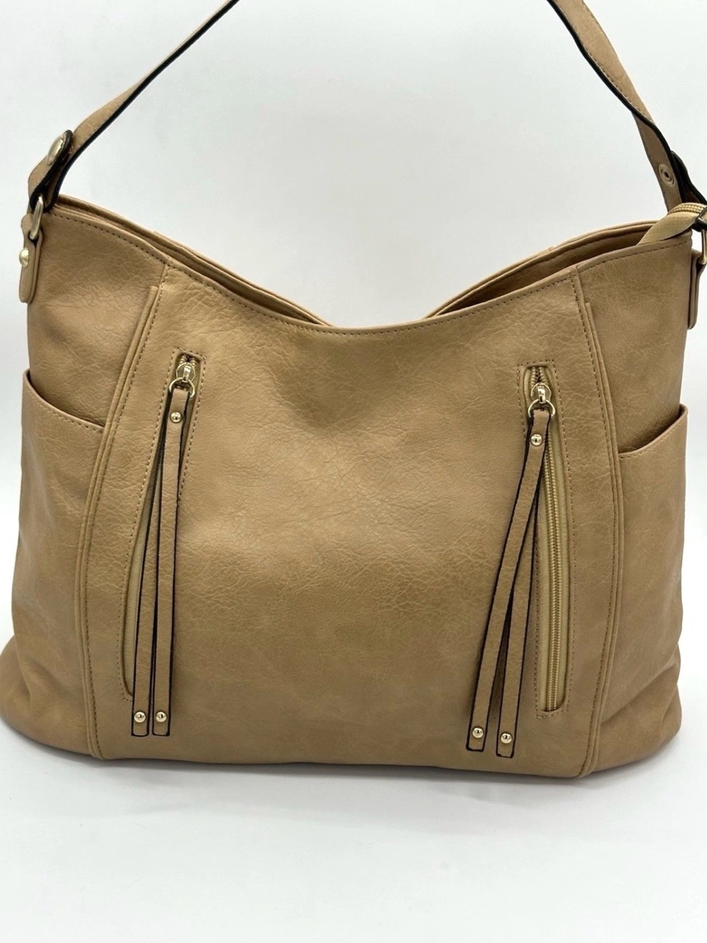 Large Tan Hobo Bag Women’s Faux Leather Shoulder Purse Tote Double Zip Handbag